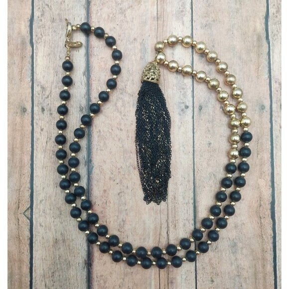 Charming Charlie Gold Tone & Black Long Beaded Necklace Chain Tassel Pendant 34" - Picture 7 of 8
